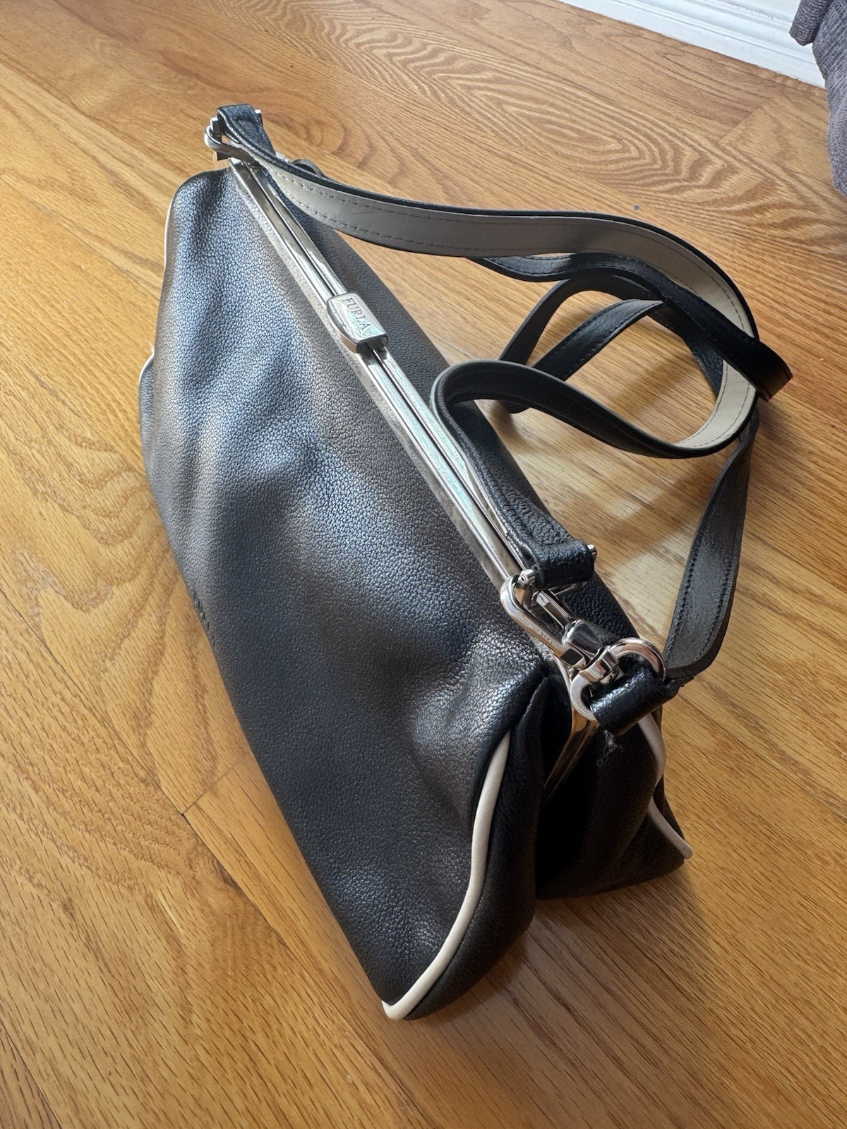 Furla Black/White Small Shoulder Bag Lock Frame Silver Hardware Strap Dust Bag