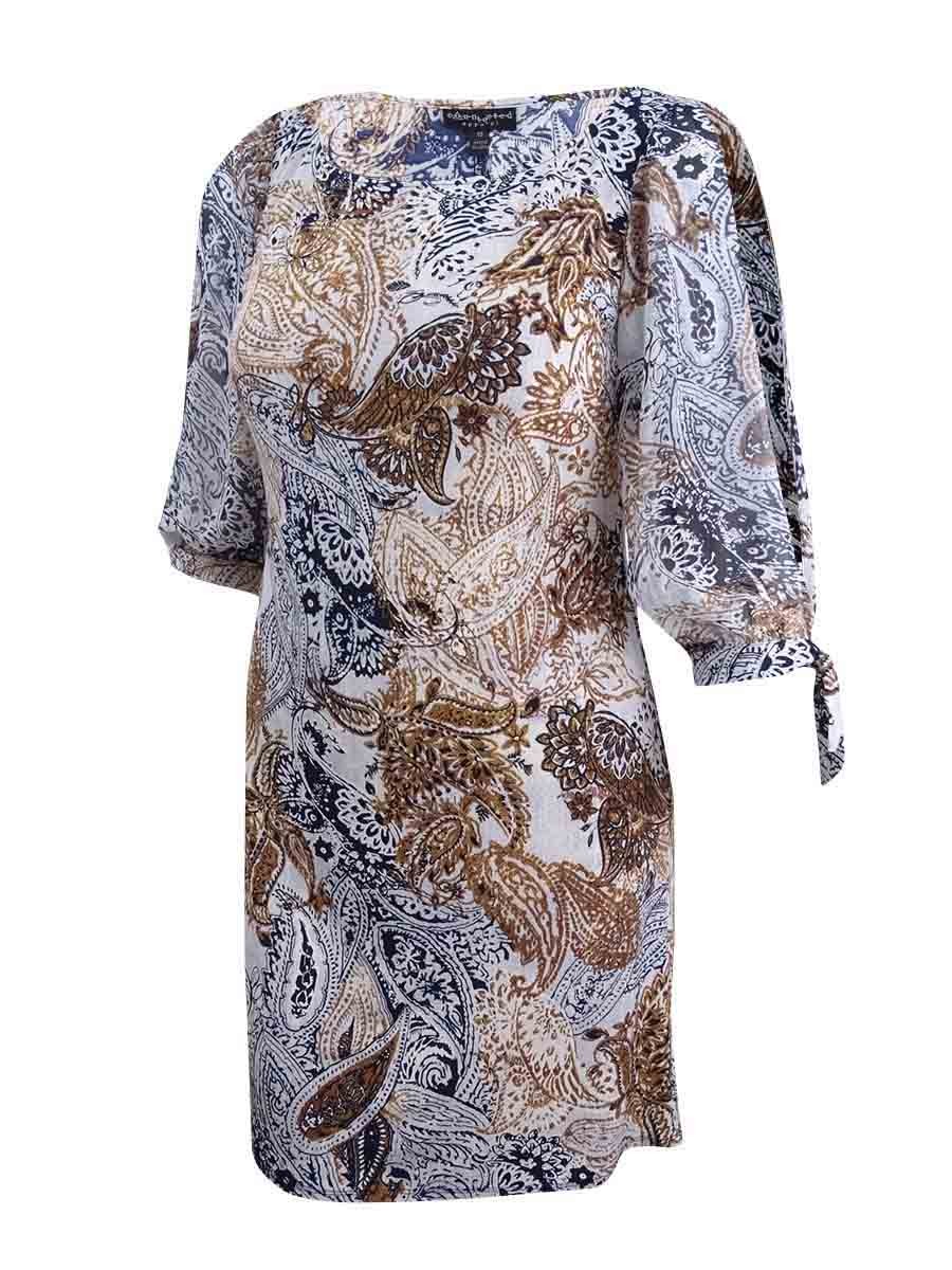 Connected Women’s Paisley-Print Split-Sleeve Dress (10, Navy)