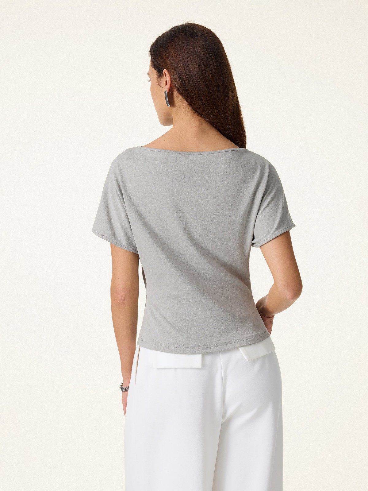 OGL Cotton Lyocell Boatneck Angled Tee Women Summer Casual Top