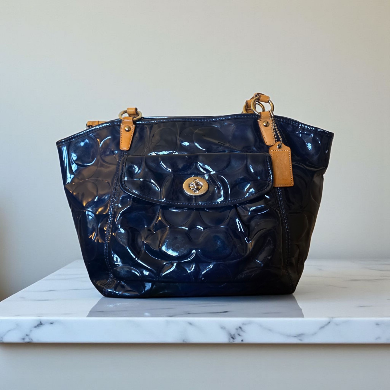 Coach Leah Navy Blue Patent Leather Tote Bag F14663 Embossed Logo Turnlock Large