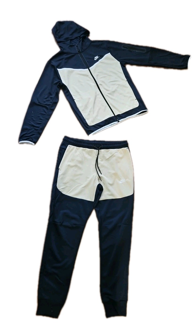 New Nike Tech Cotton Sweat Suit Hoodie & Joggers Men’s Navy/Tan Large.