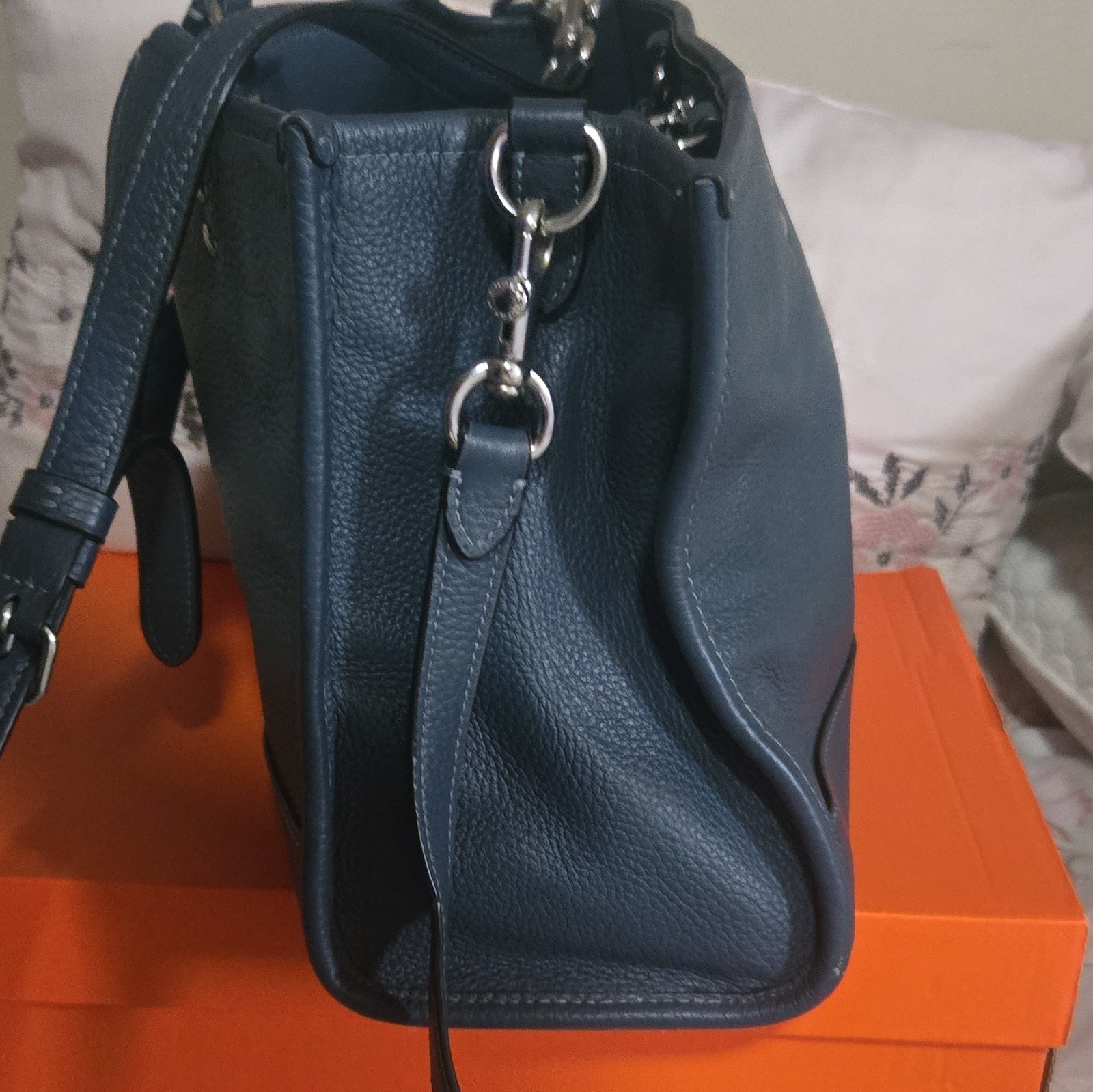 Coach Blue Pebbled Satchel Top Handle Bag Zip Closure, Detachable Strap
