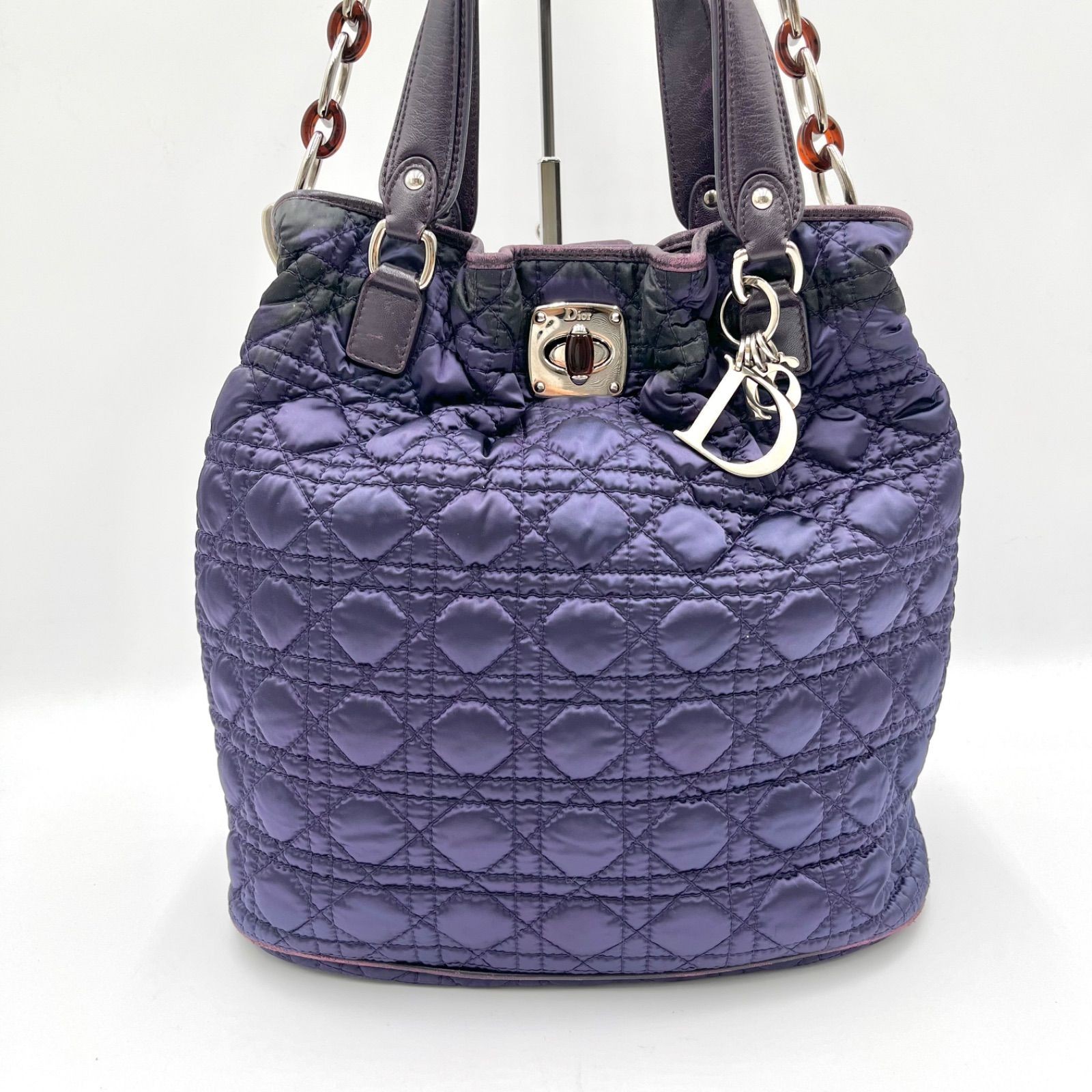 Auth Christian Dior Cannage Nylon Tote Bag and Shoulder Bag, Purple 2Y9816