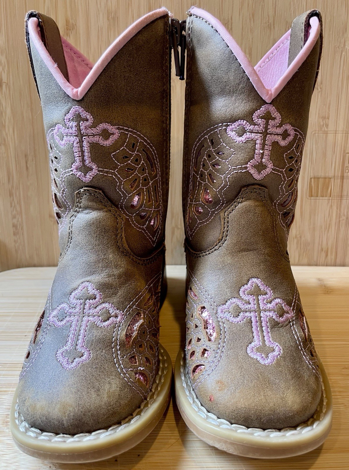 TWISTER TODDLER GRACIE BROWN PINK WING CROSS ZIP SQUARE TOE WESTERN BOOTS 5T