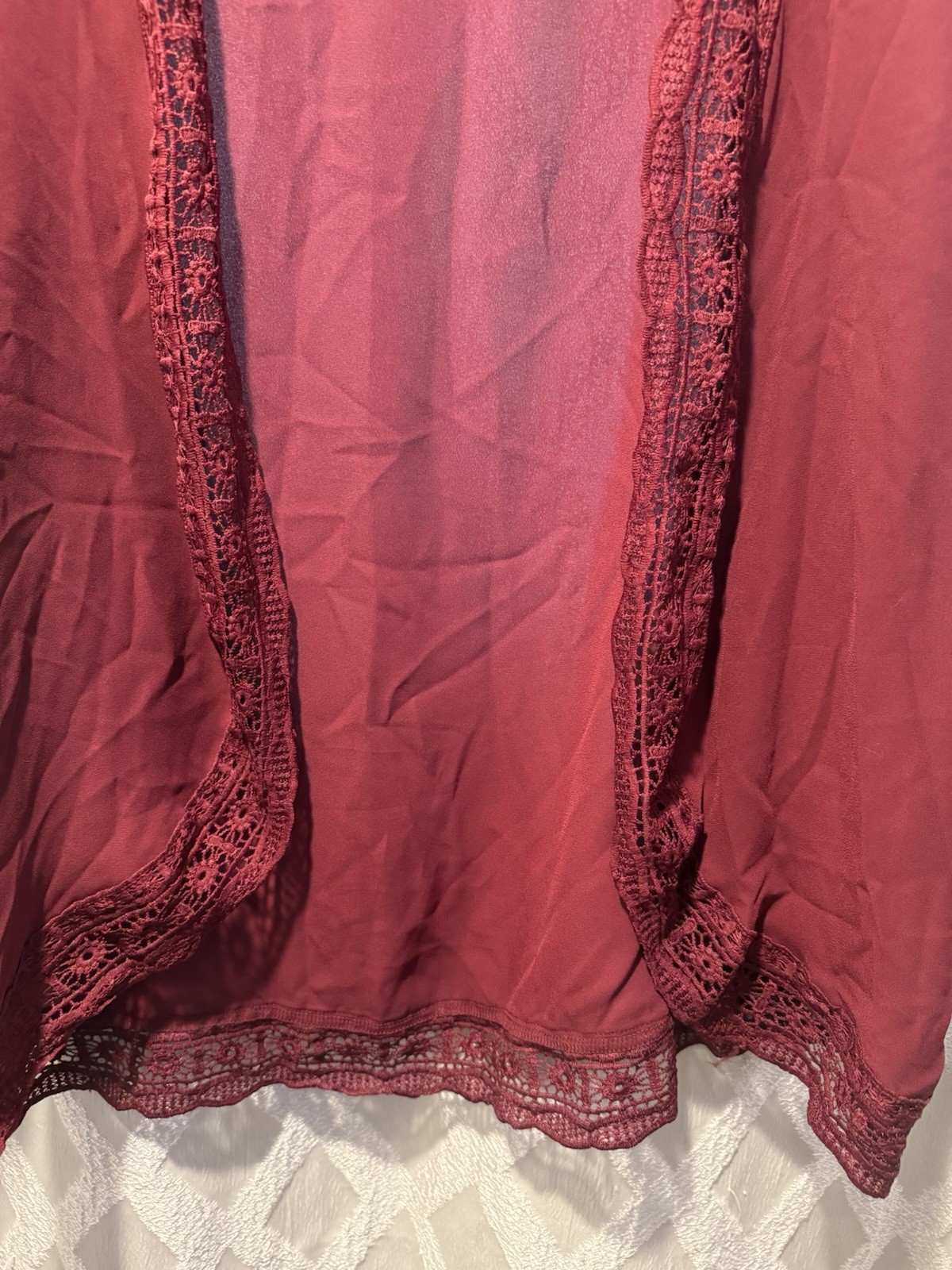 Women’s Burgundy Solid V-Neck 3/4 Bell Sleeve Lace Open Front Kimono 2XL