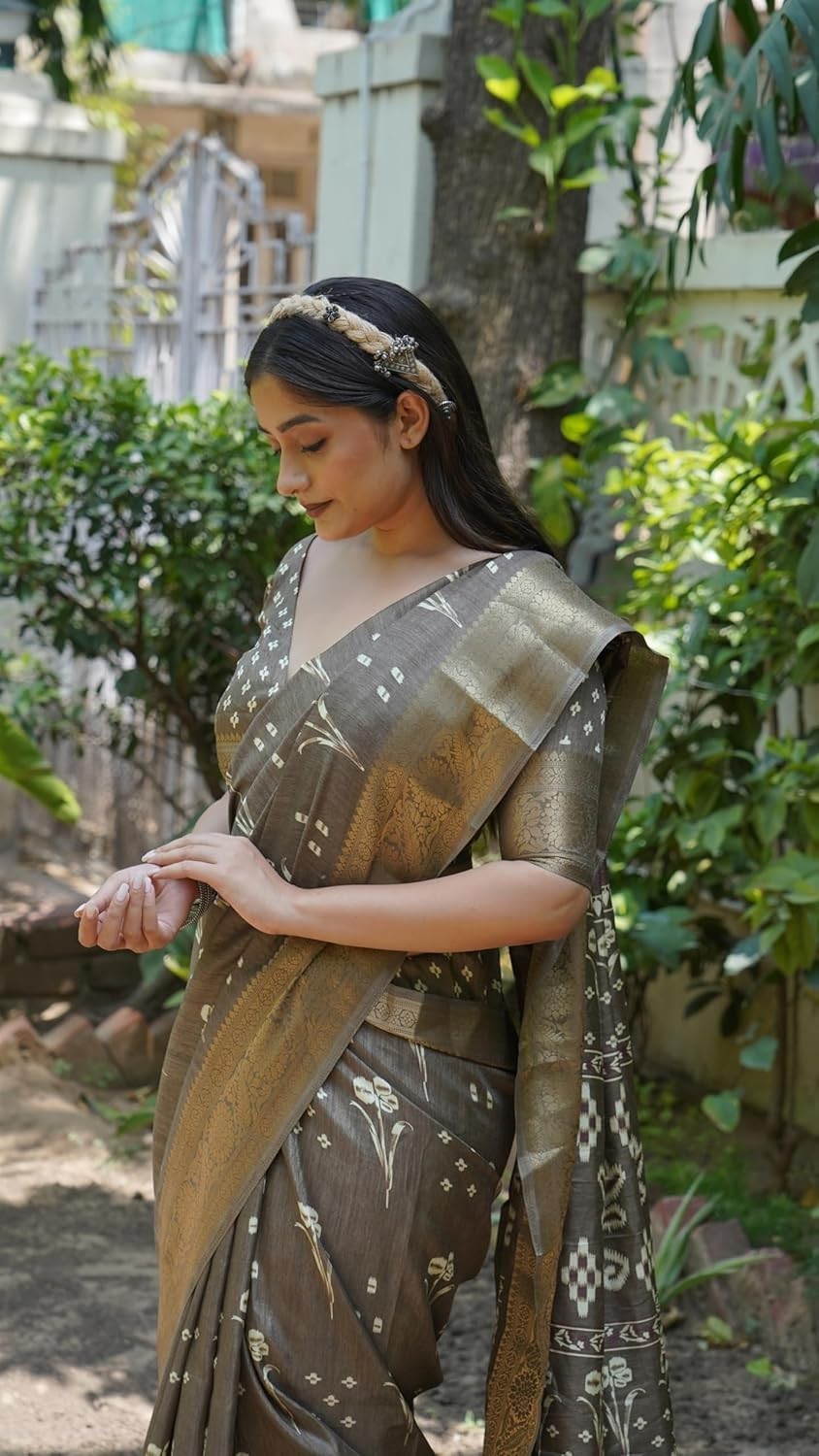 Women’s Silk Blend Block Printed Saree with Blouse Piece