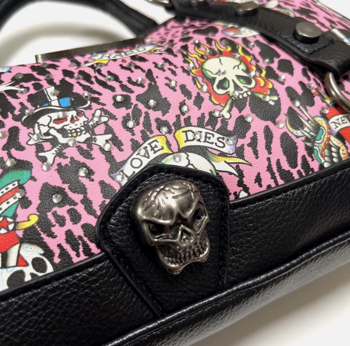 Ed Hardy Pink Leopard Print Tattoo Skull Crossbody/Shoulder Bag Y2K Style