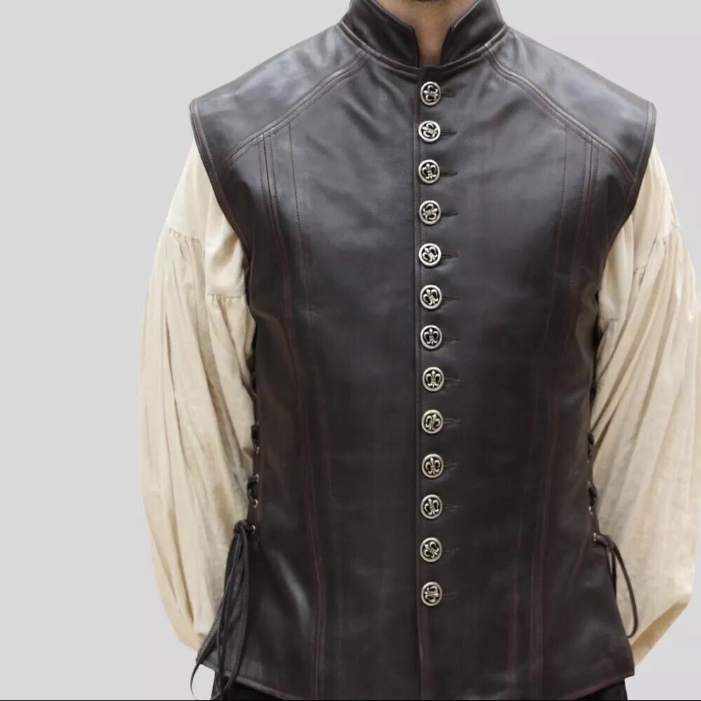 Button and straps closer leather vest brown color for men