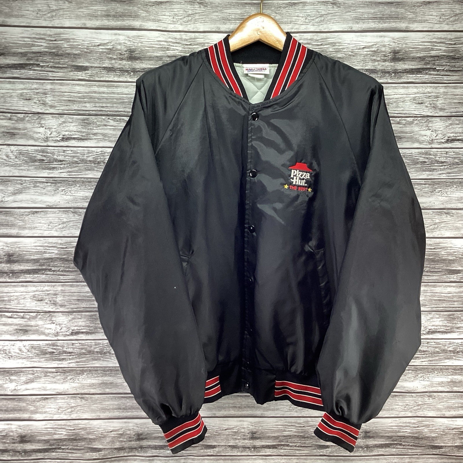 Vintage Pizza Hut Jacket Mens XL Black Satin Bomber Embroidered Employee Issued
