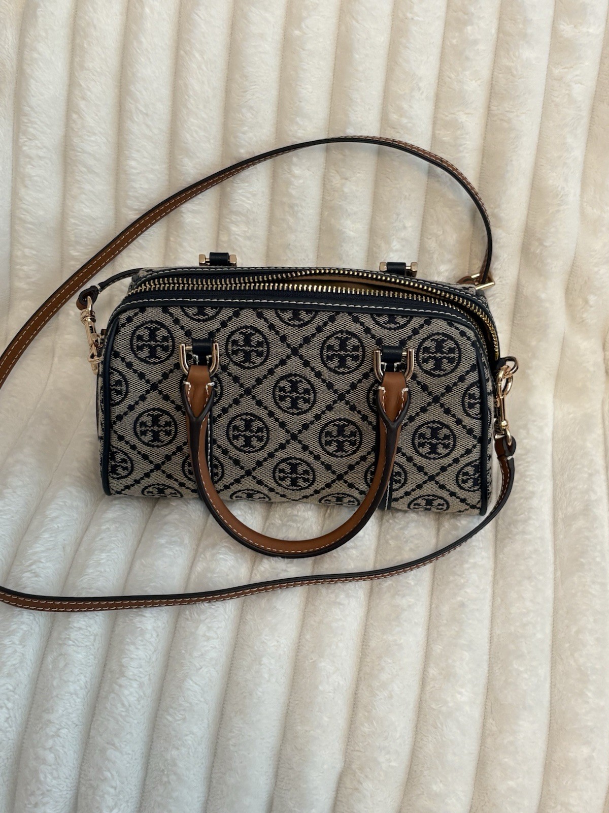 Tory Burch T Monogram Mini Duffle Satchel, Zip, Strap, Navy Beige Brown