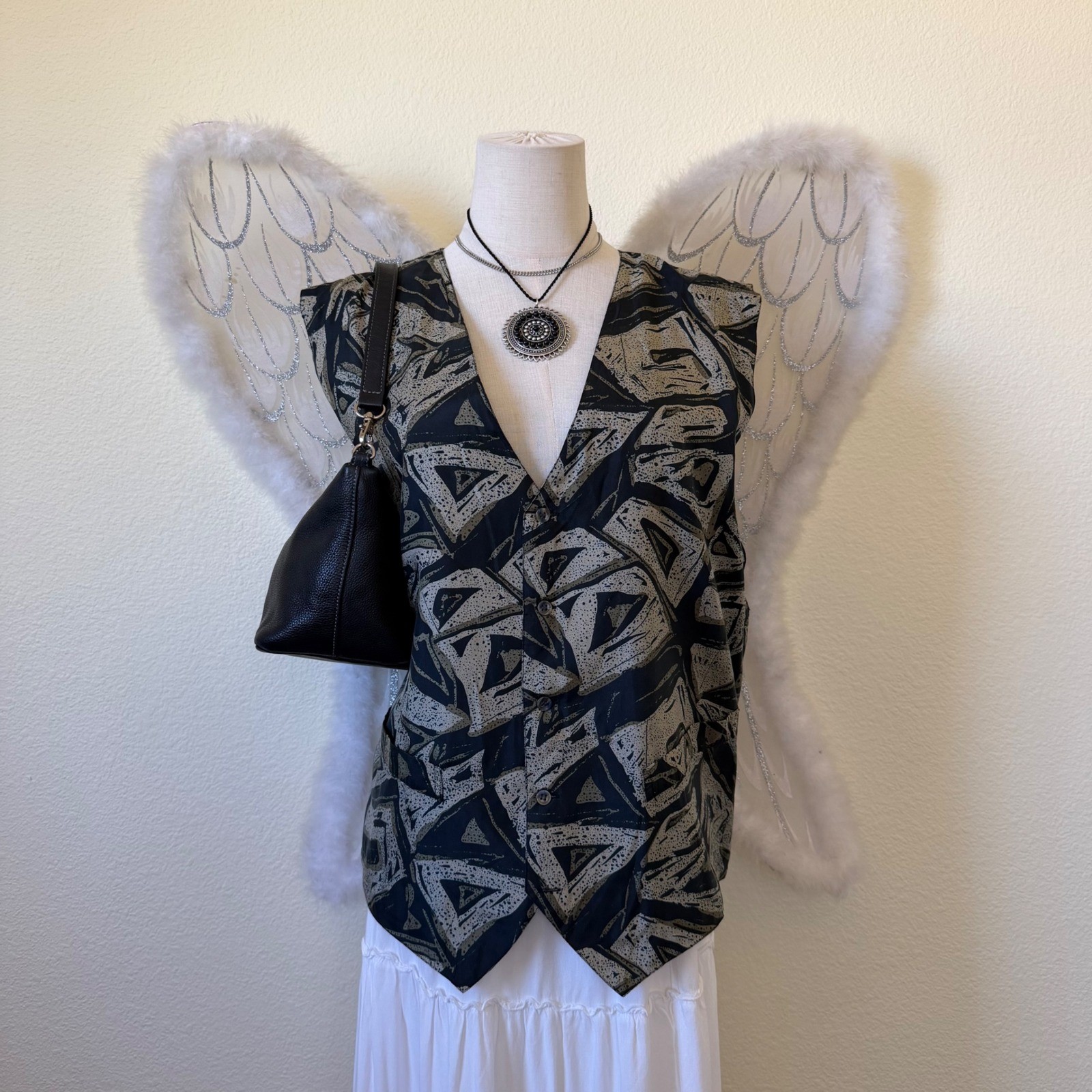 90s Funky Oversized Silk Vest Large Abstract Geometric Print Black Green Y2K