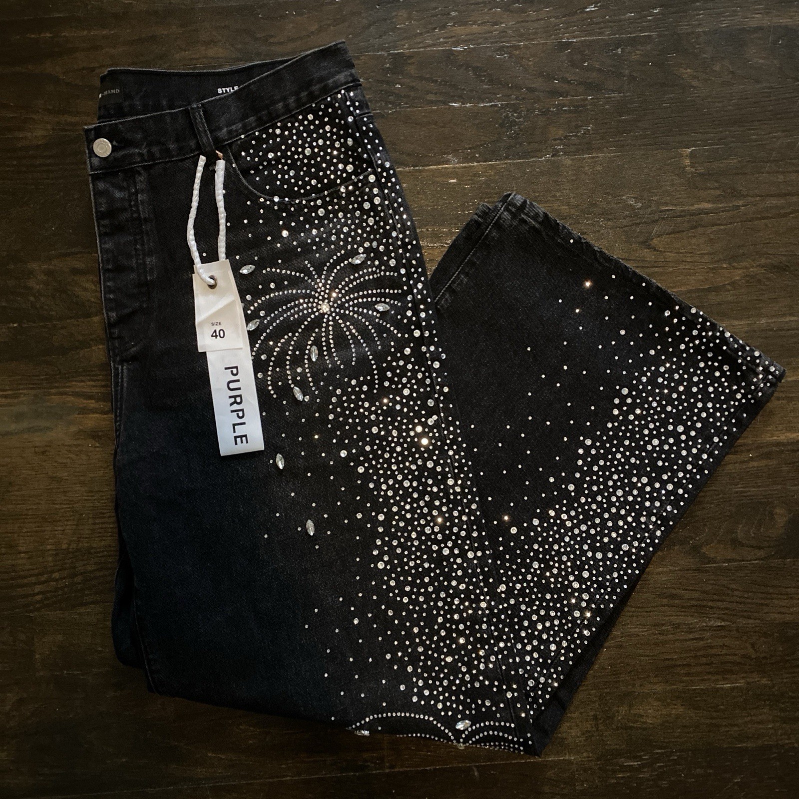 PURPLE BRAND Dropped Fit Black Dark Wash Slim Denim Jeans Rhinestone 5-Pocket
