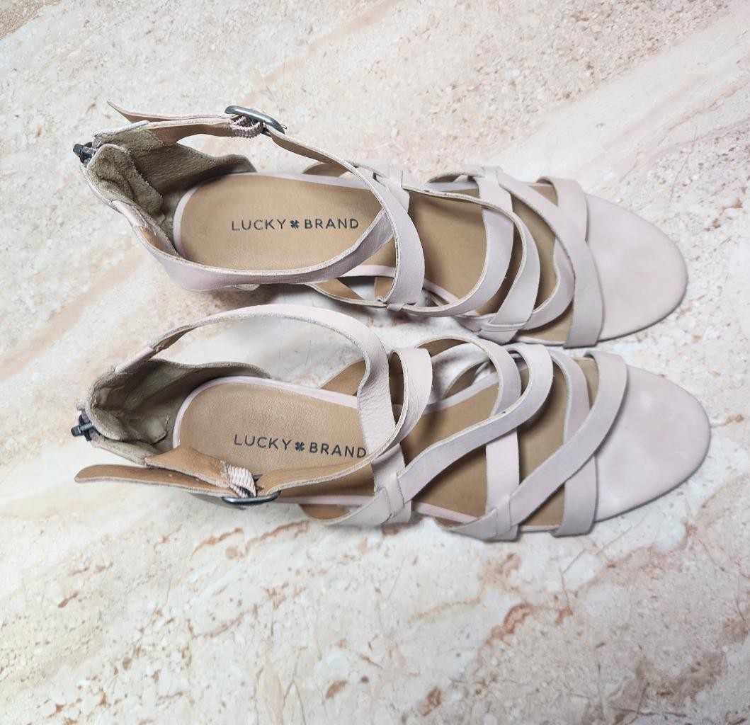 LUCKY BRAND JEWELIA Sandshell Leather Wedge Strappy Zipper Heel Sandals US 9.5!