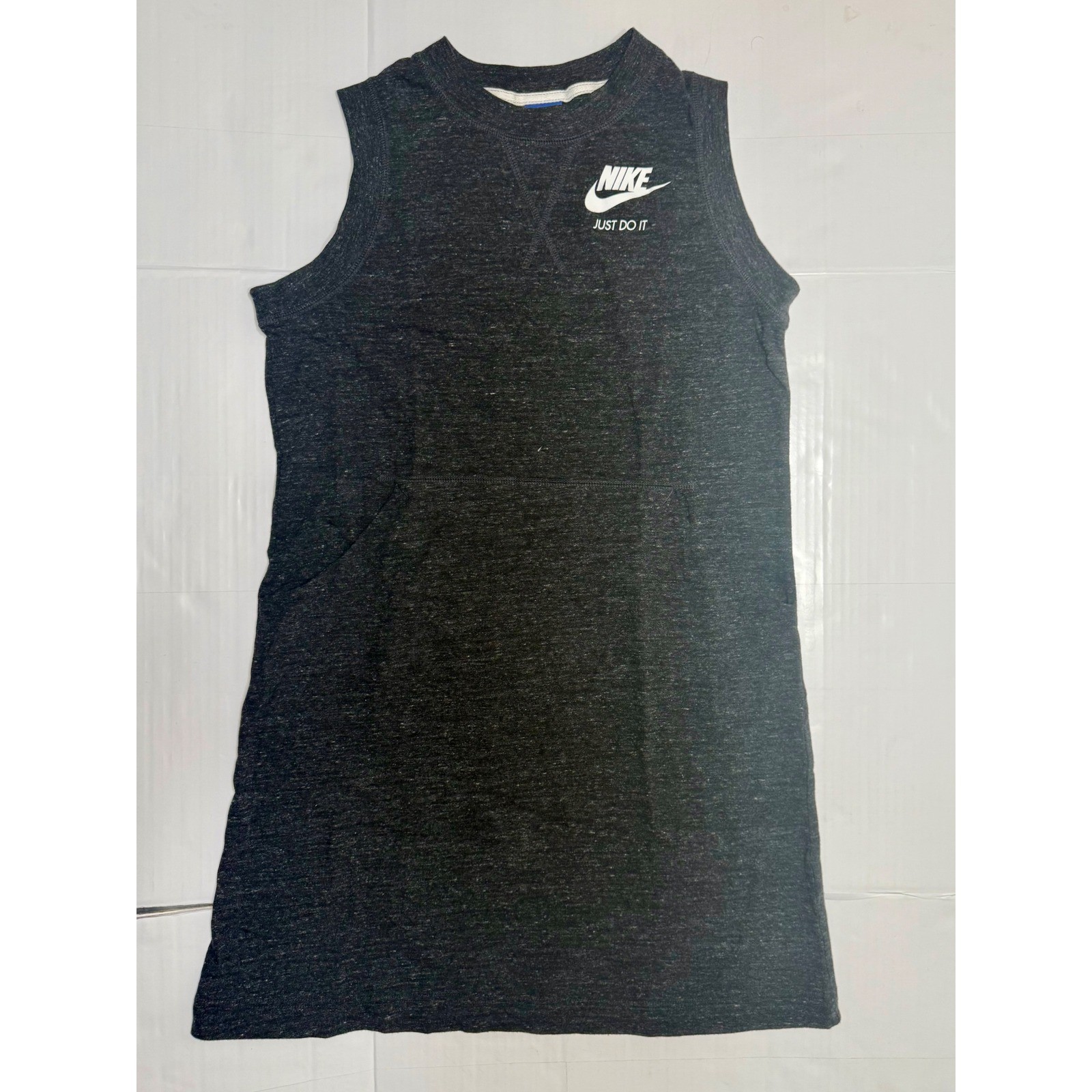 Nike Womens Sleeveless Dress Charcoal Heather Grey Logo Kangaroo Pocket Large