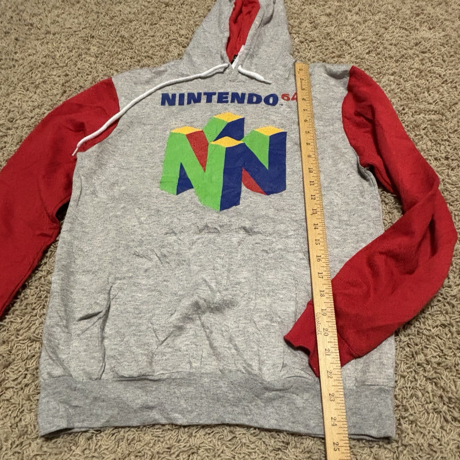 Men’s Nintendo 64 Logo Heathered Gray Red Sleeves Hooded Sweatshirt S