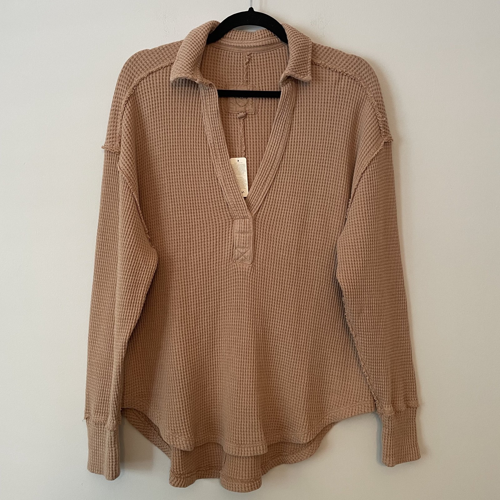 NWT Aerie Waffle Knit Collared Pullover Tan Sz S Oversized Slouchy Travel Lounge