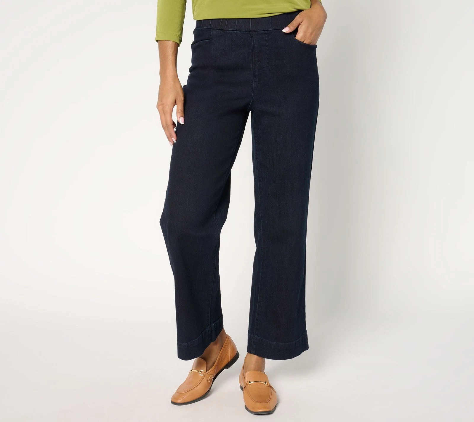 Susan Graver Regular Wide Leg Pull On Ankle Jean Dark Wash 12 New