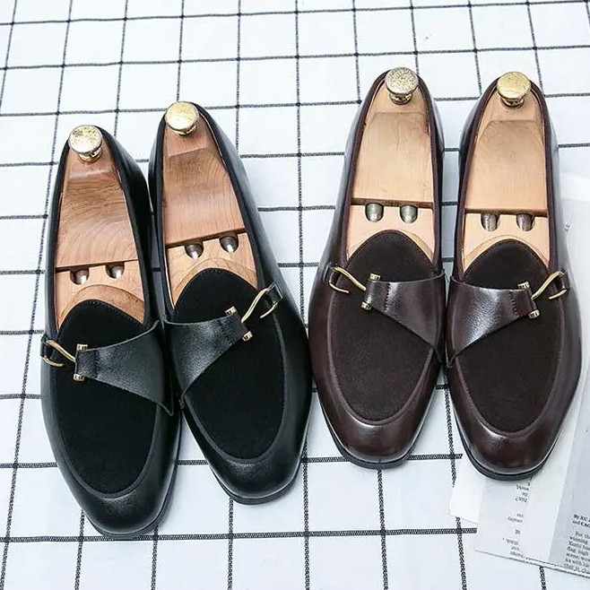Men’s Slip on Velvet Leather Splicing Shoes Flats Oxfords Hook Driving Fashion
