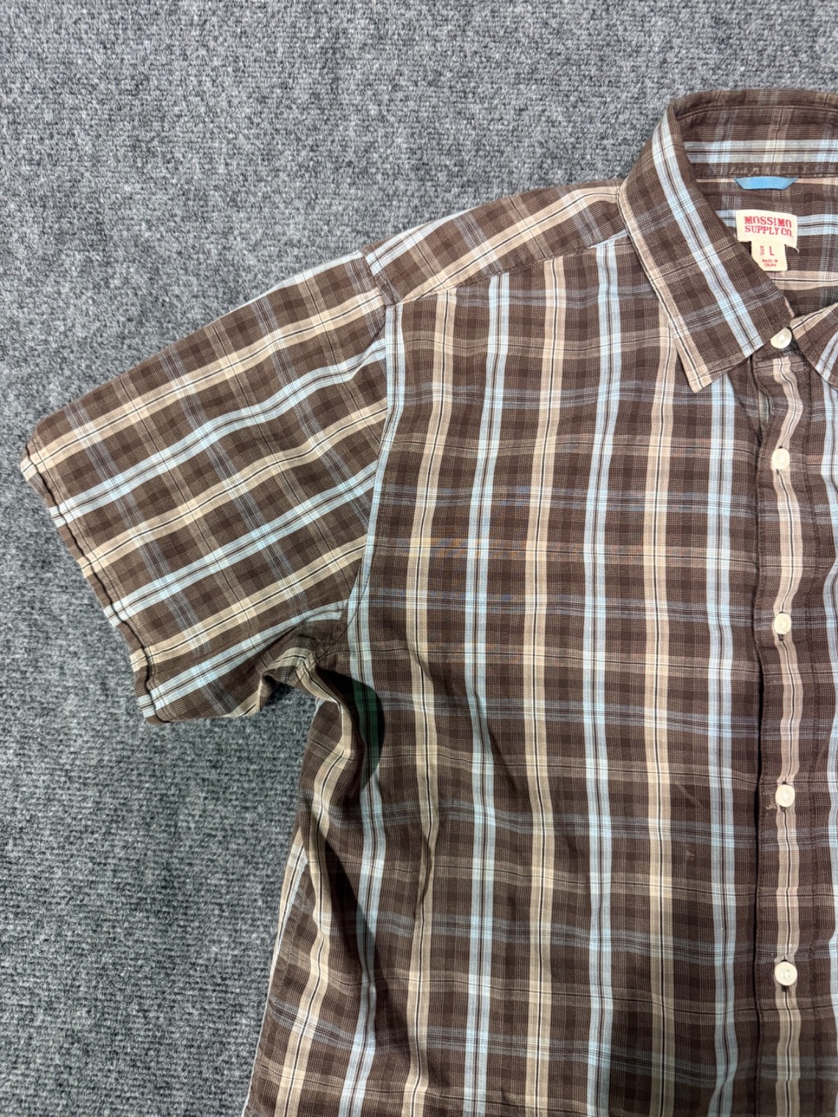 Mossimo Supply Co Men’s L Brown Blue Plaid Shirt Short Sleeve Button Up