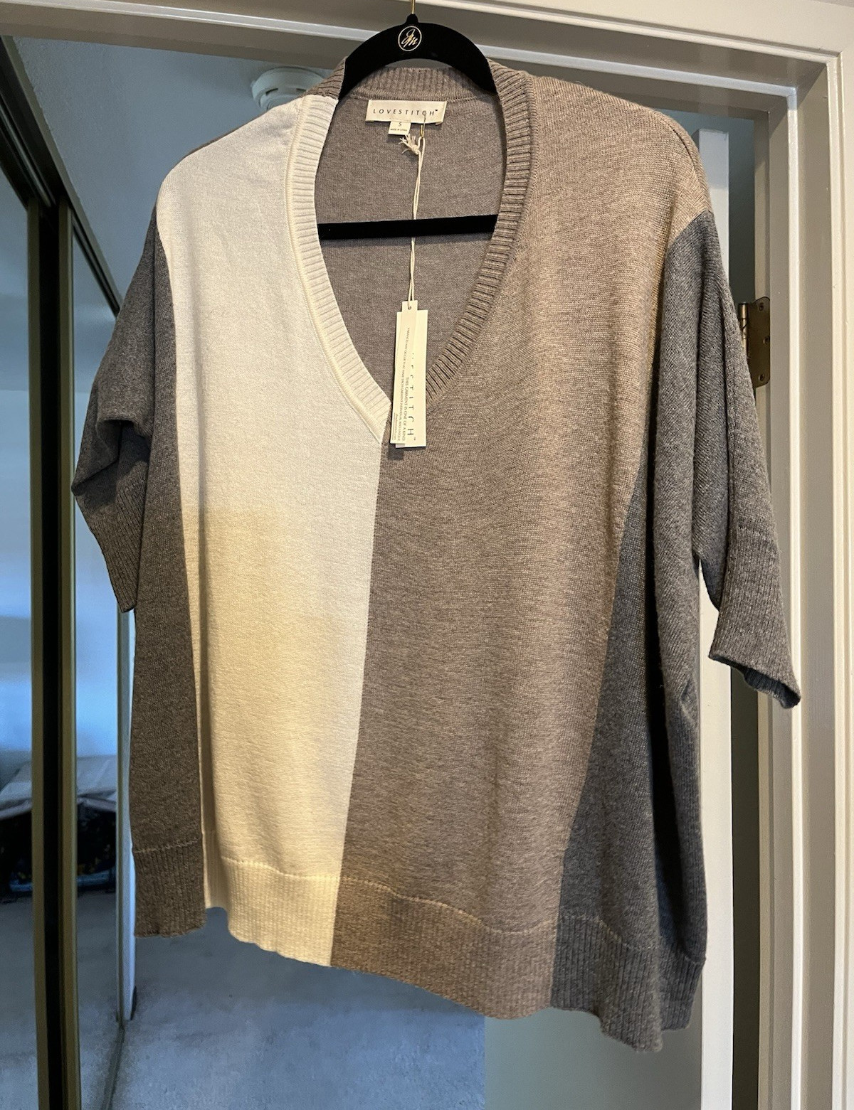 Lovestitch Colorblock V-Neck Oversized Relaxed Pullover Sweater Gray/White S