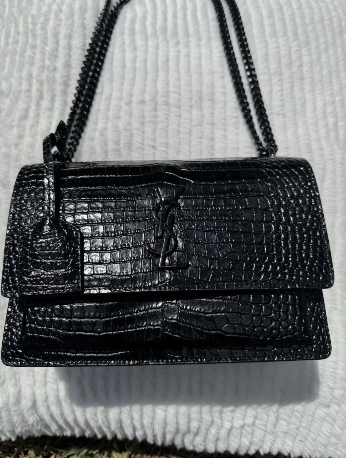 Saint Laurent Sunset Medium YSL Crossbody Bag in Croc-Emboassed Leather