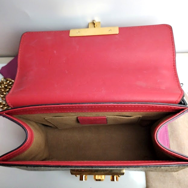 Gucci Padlock GG Supreme Small Shoulder Bag Canvas Red Leather Chain 409487 COA