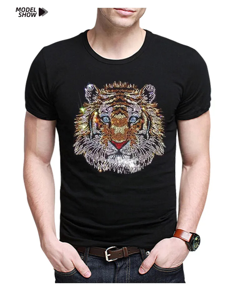New Fashion Tiger Rhinestones Summer Short Sleeve Luxury Men Designer T-Shirt