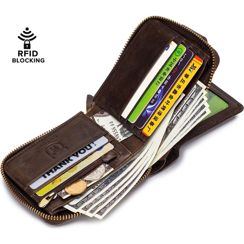 Zipper Wallet Mens Genuine Leather RFID Blocking Bifold Zip Around Card Holder W