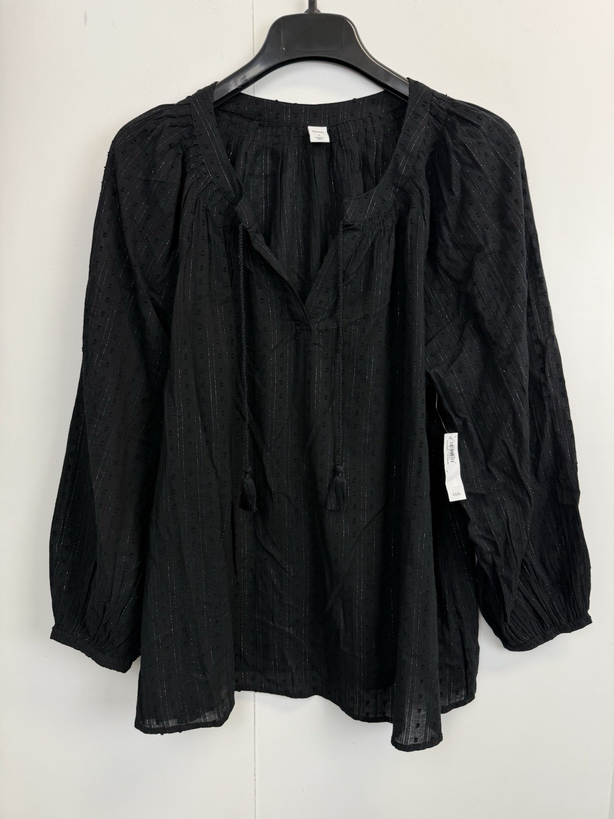 Old Navy Black Bohemian Tie-Neck Boho Blouse Womens L Silver Thread Button Cuff
