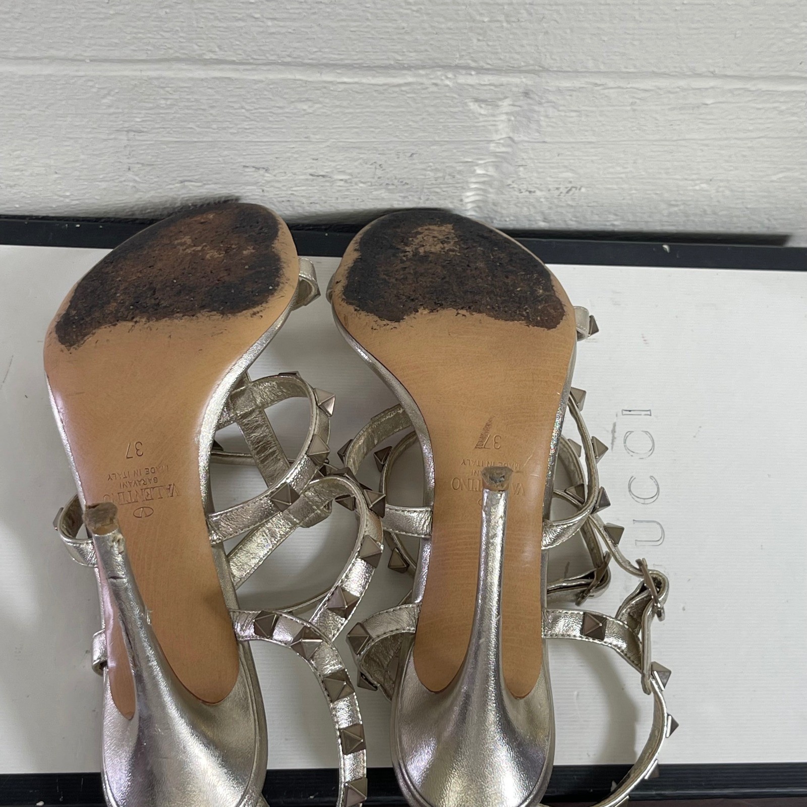 Valentino Garavani Silver Leather Rockstud Heels Sandals Women’s 37 EU/7 US