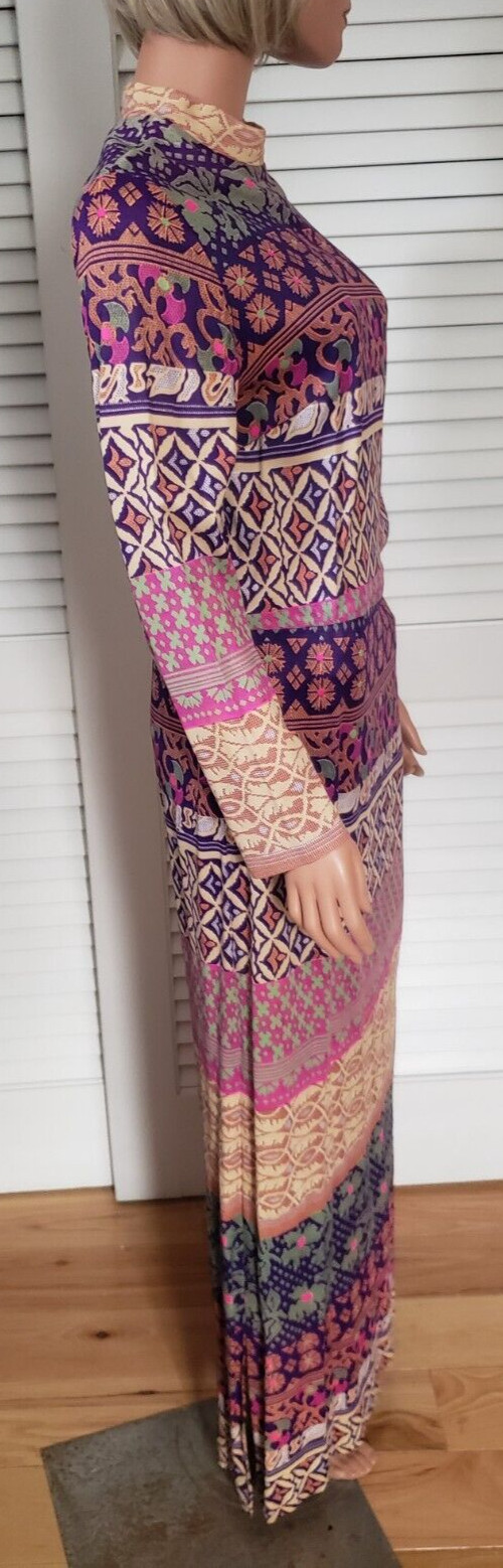 Vintage 1970s Mod Purple Pink Green Orange Beige Column Maxi Dress Size S/M