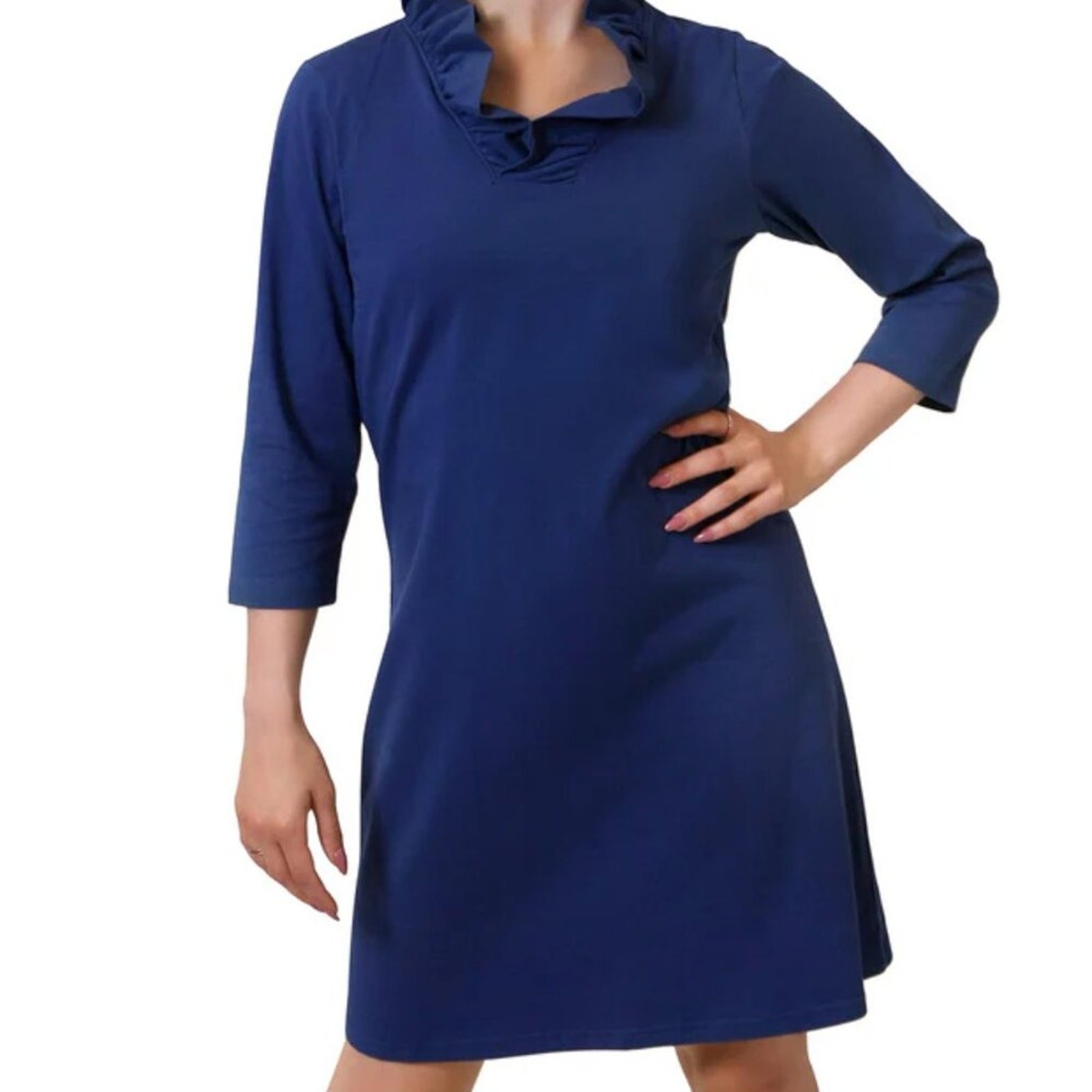 NWT Ana Clare Sophia Ruffle Neck Dress Navy XS