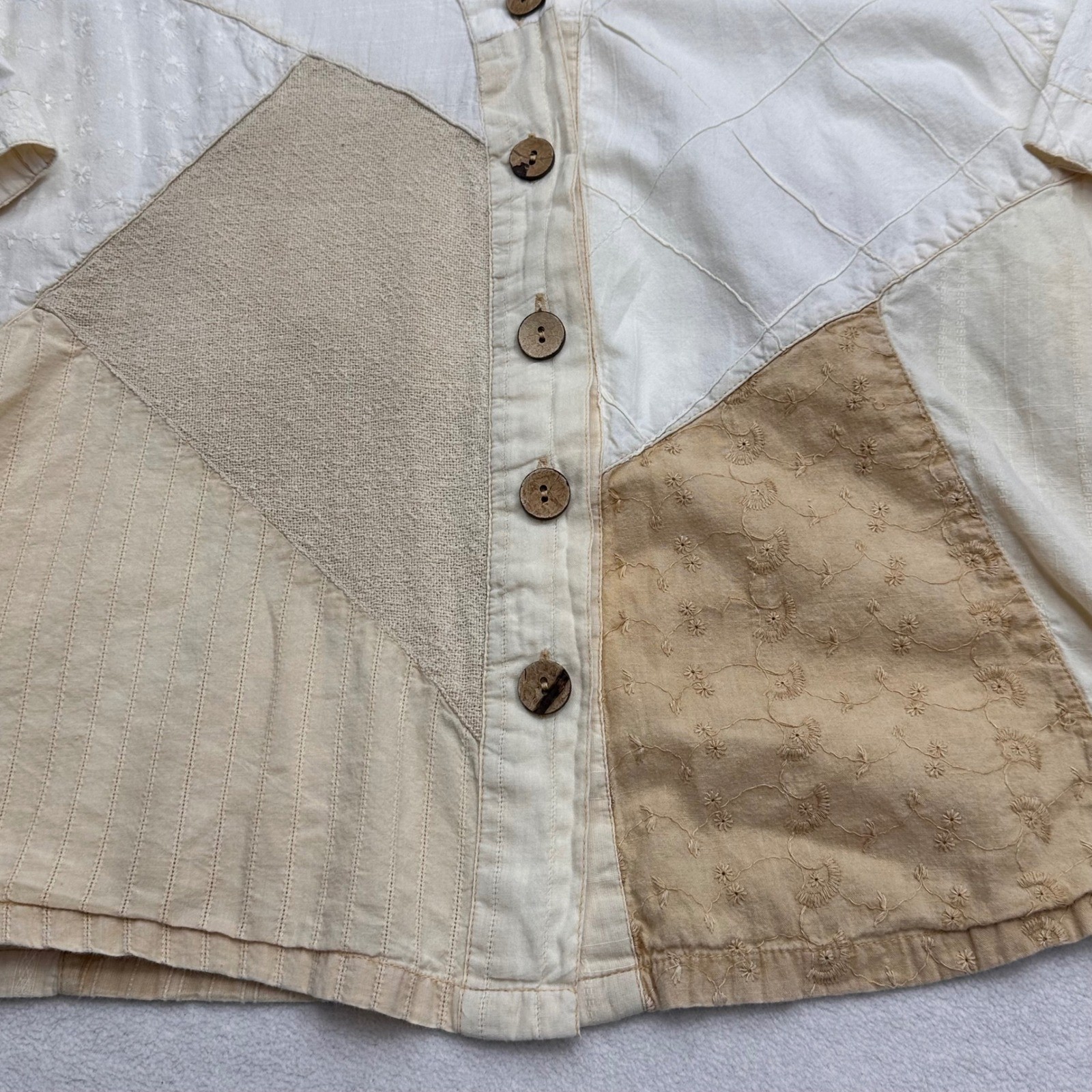 Sacred Threads Womens XL Patchwork Cotton Boho Summer Blouse Cream Tan Eyelet