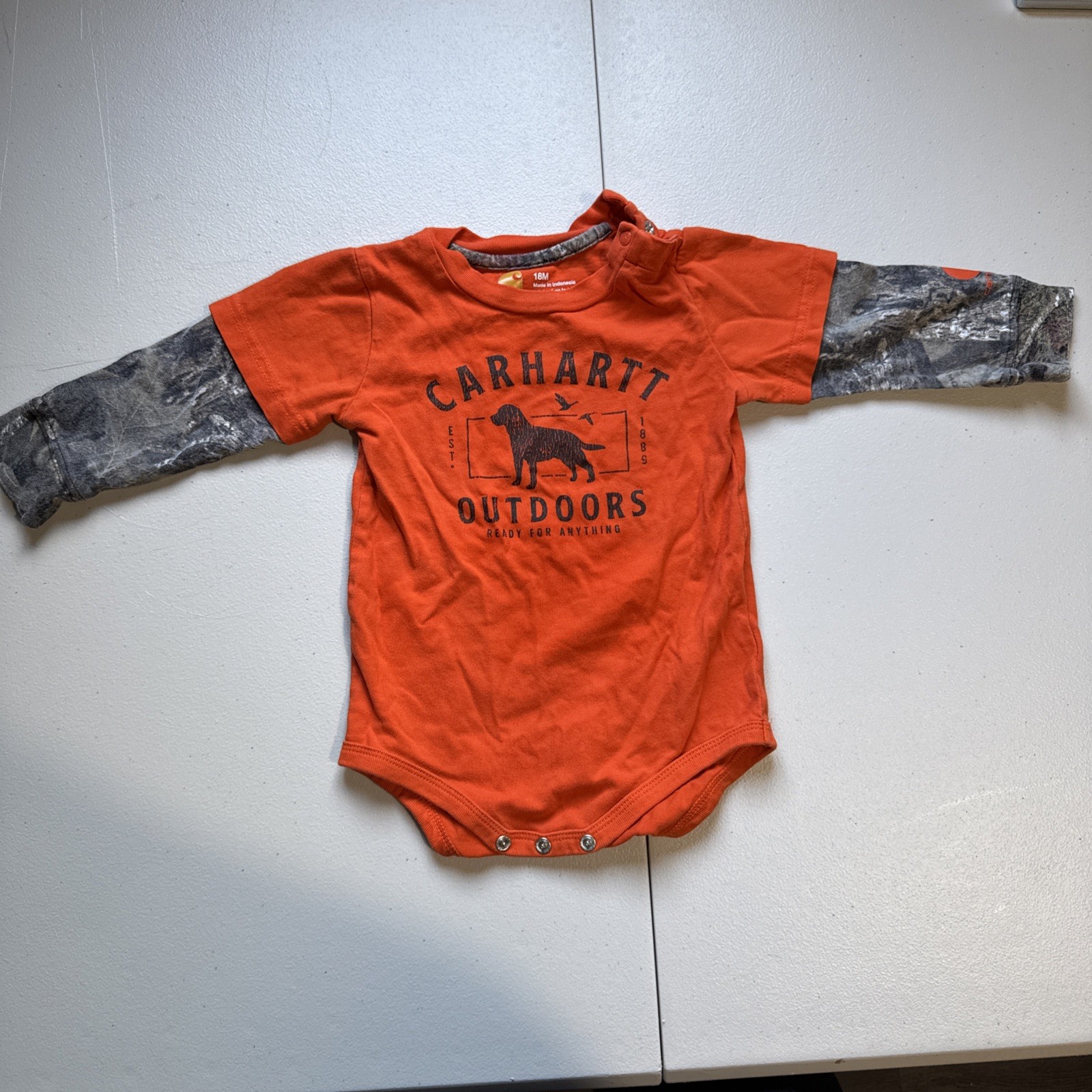 Carhartt 18 Month Hunters Orange One Piece with Camo Long Sleeves. 18M