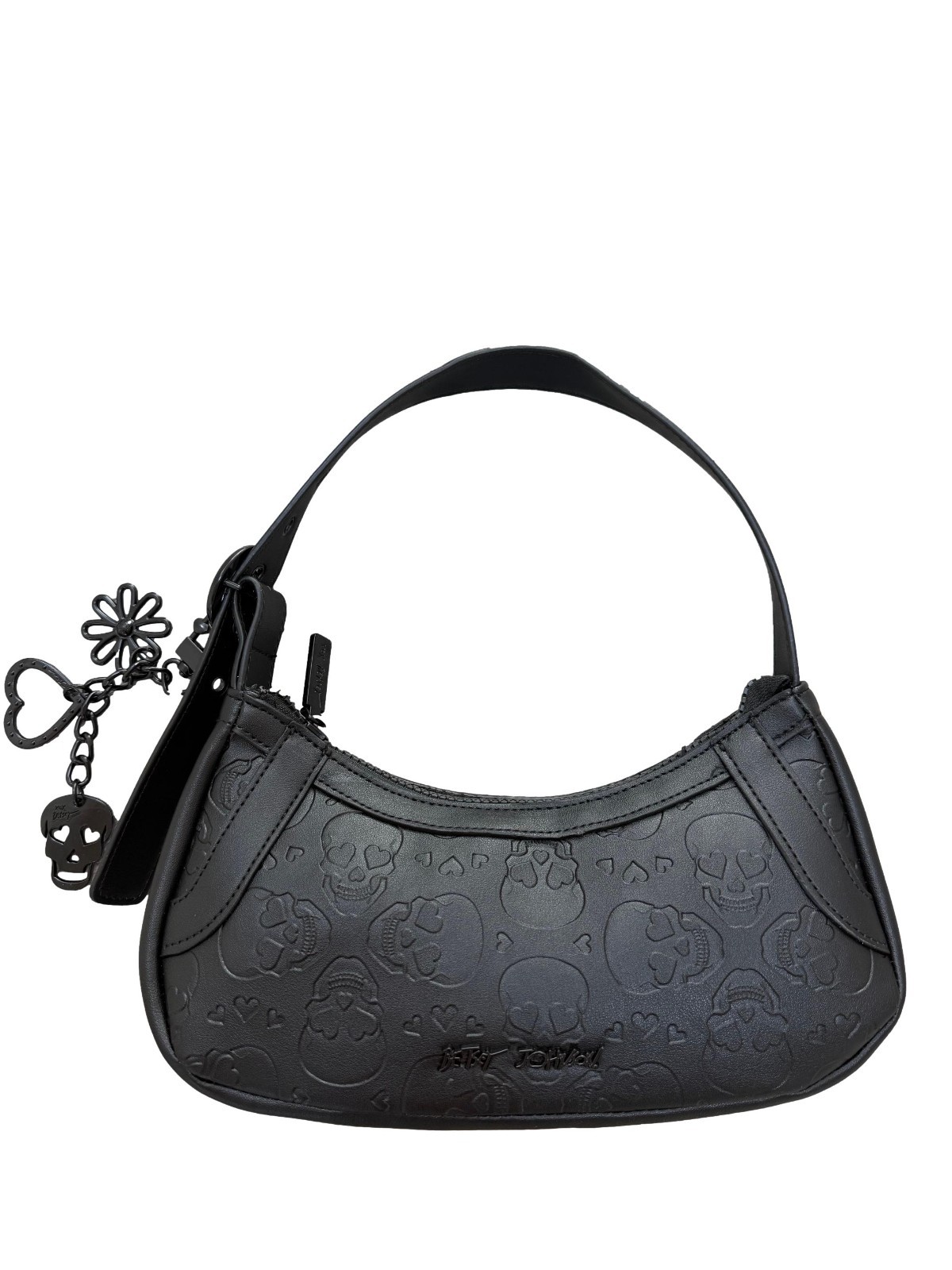 Betsey Johnson XO Janie Allover Skull Embossed Black Faux Leather Shoulder Bag