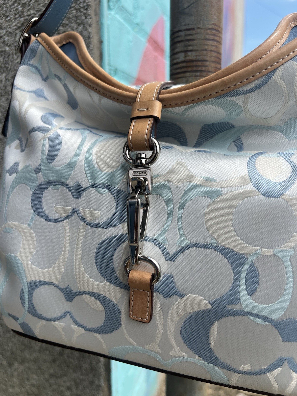 Coach Signature Logo Jacquard Shoulder Bag Blue/White Tan, Lined, Tag