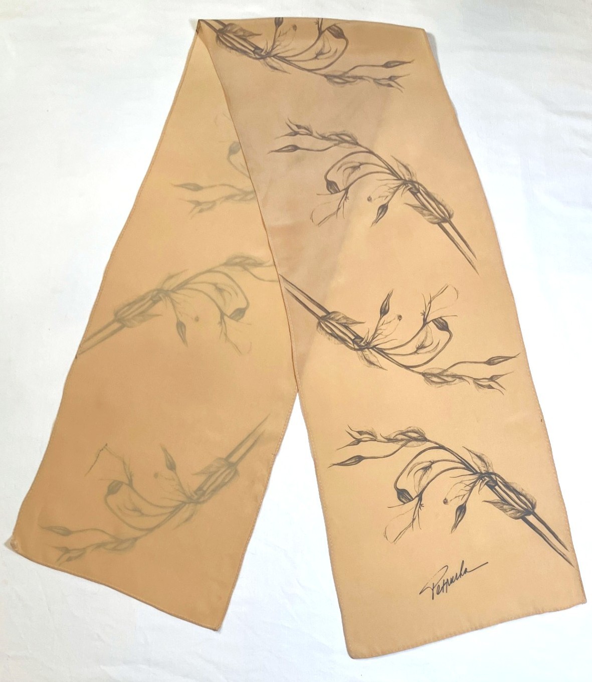 Petruska Beige Silk Crepe Scarf Gray Botanical Floral Modern 62.5″ x 10.5″
