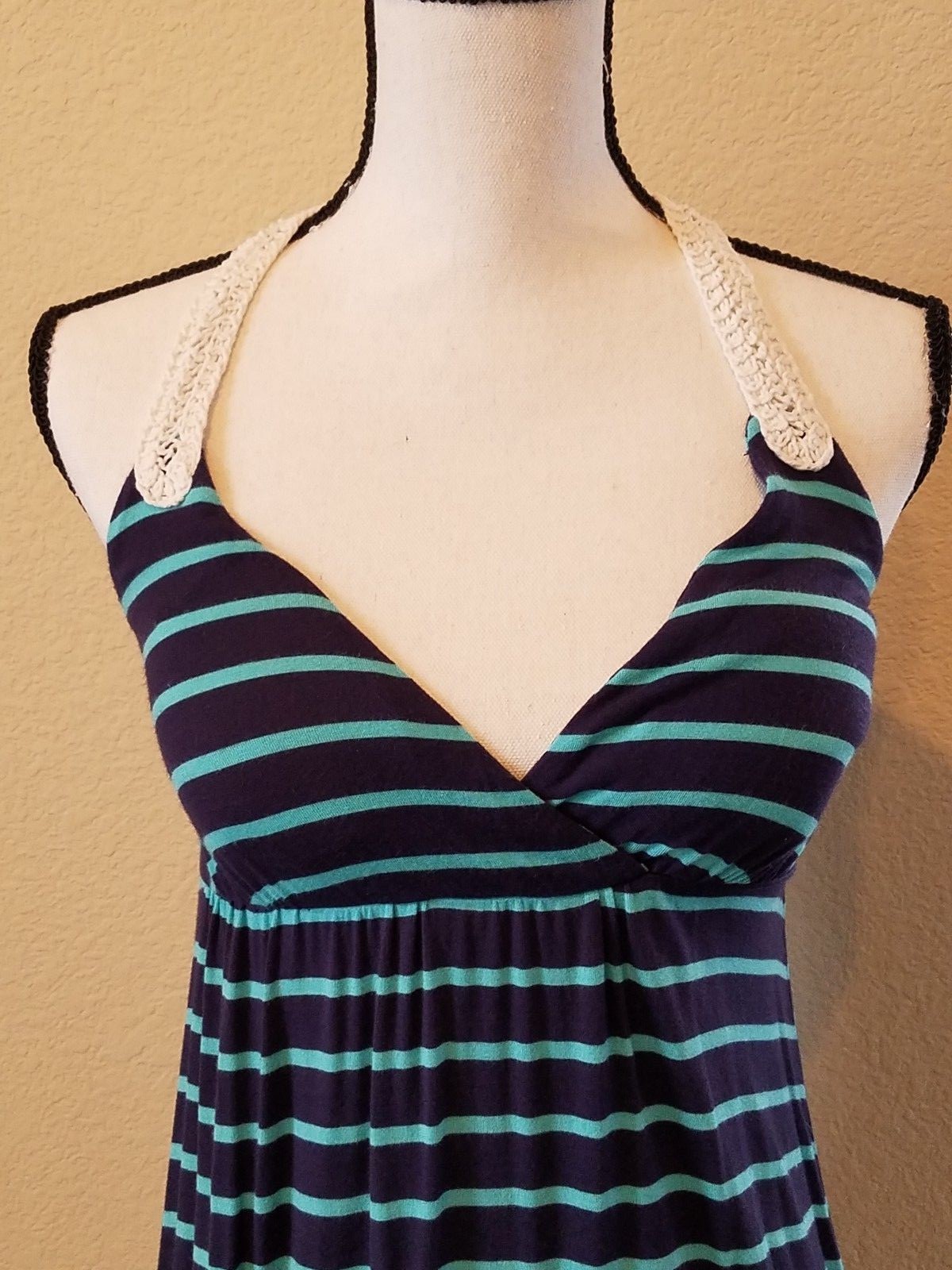 PINK REPUBLIC Navy Blue & Teal Striped Embroidered Razor Back Mini Dress Size XS