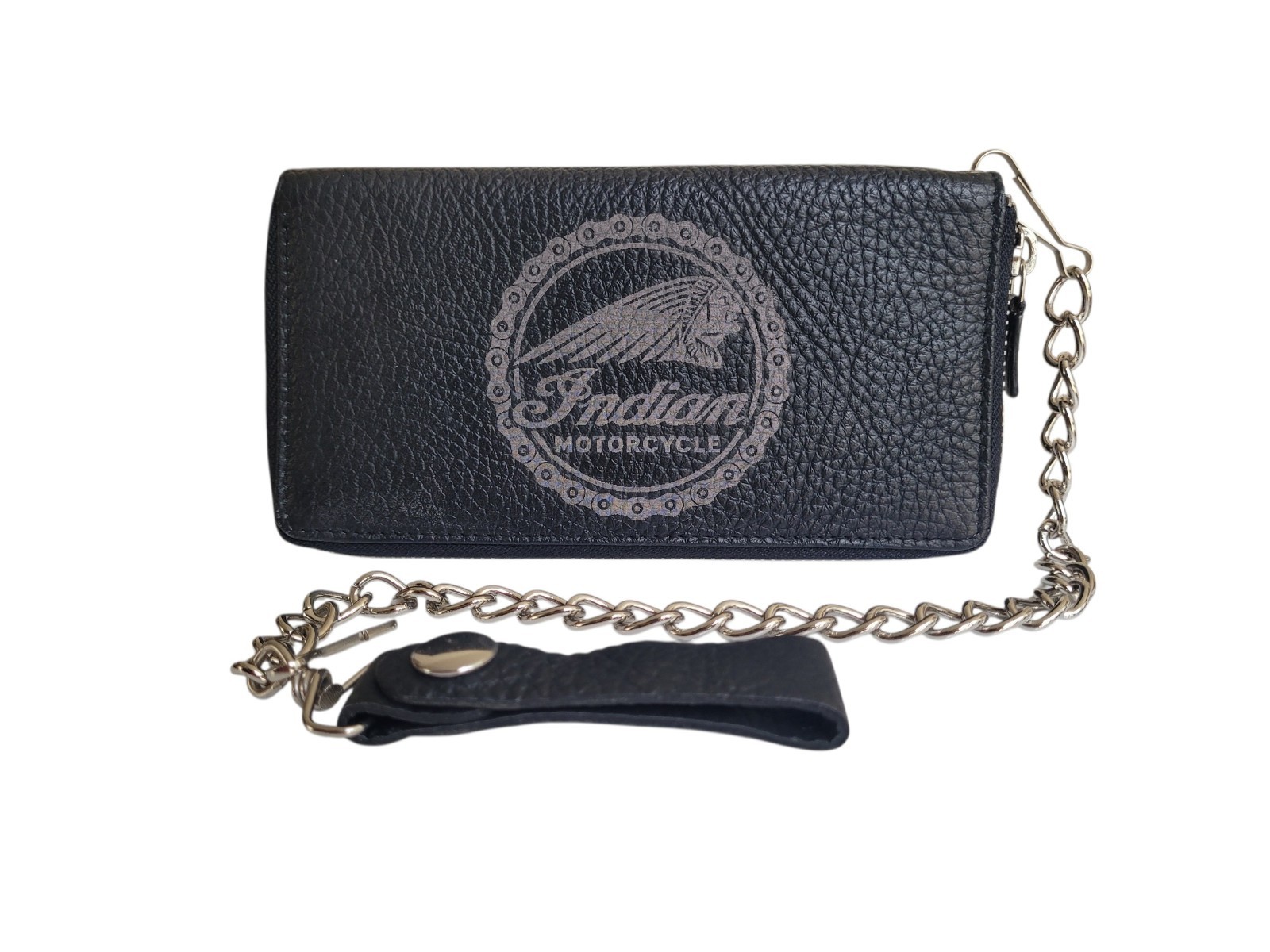 Indian Motorcycle Genuine Leather Biker All Over Zipper Bi-Fold Wallet W/ Chain