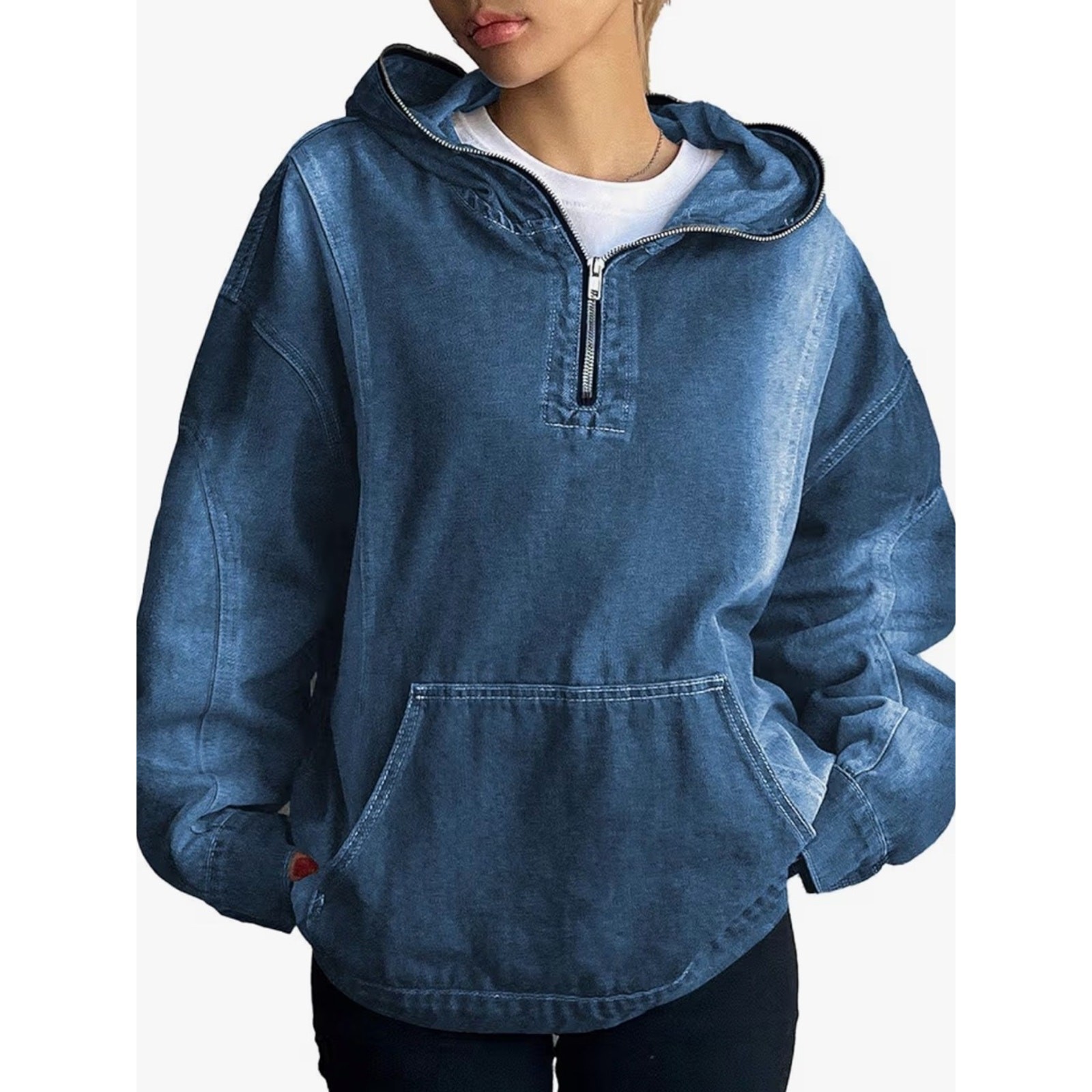Denim Half-Zip Oversized Hoodie Pullover Kangaroo Pocket Snap Cuffs Size Medium