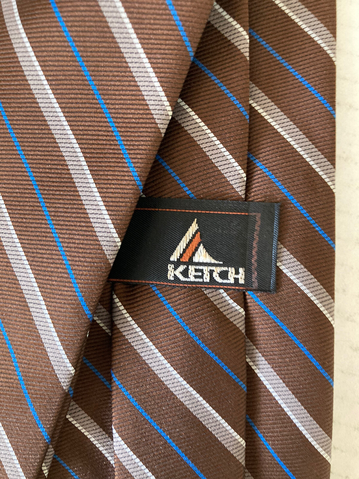 Ketch Men’s Necktie Tie Polyester Brown Blue Tan Stripe Made in USA