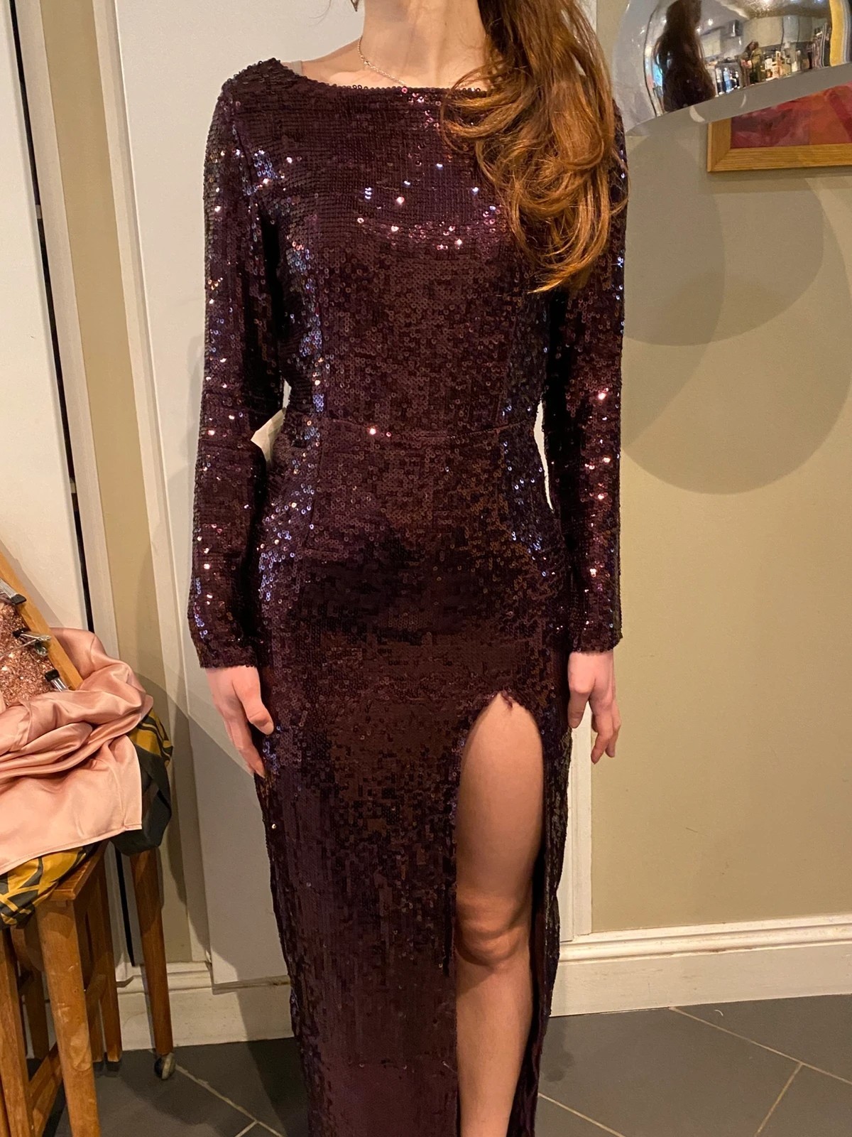 ASOS mulberry sequin maxi gown long sleeves fitted size 10 NEW