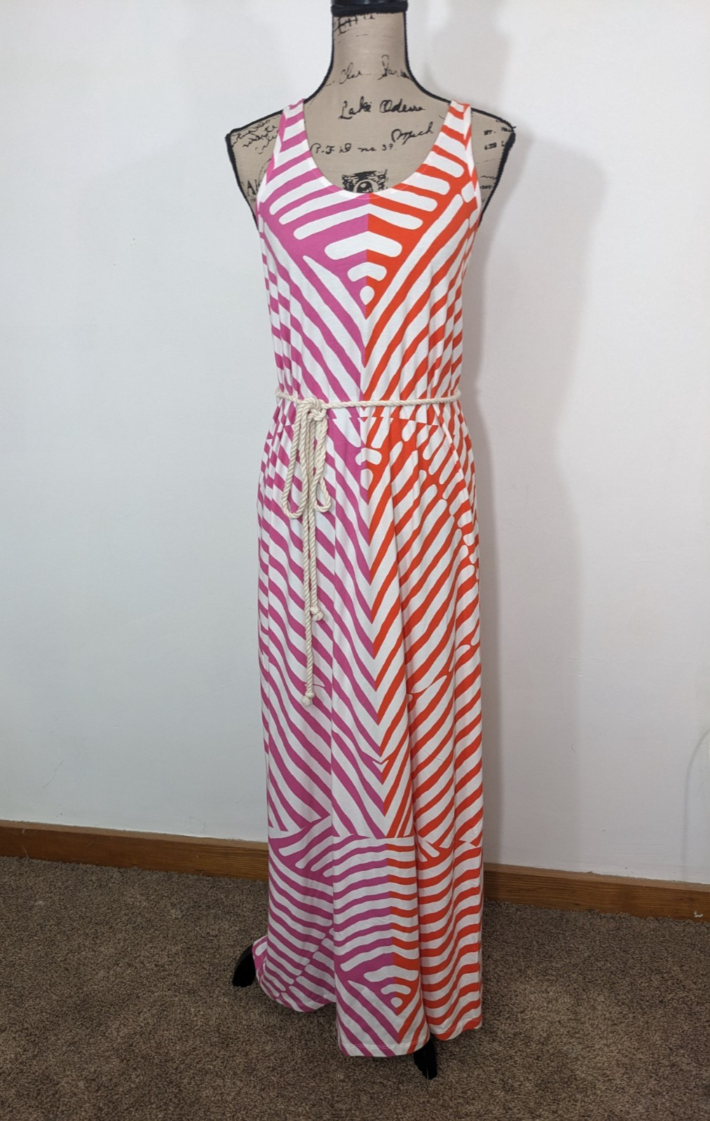 NWT LOFT Pink White Striped Sleeveless Maxi Dress Rope Belt Womens XS