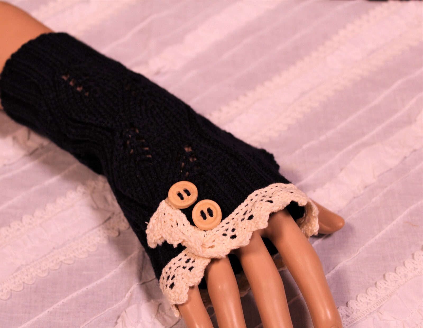 Fingerless Gloves Lace and Button Accent Leaf Pattern Knit New Colors!