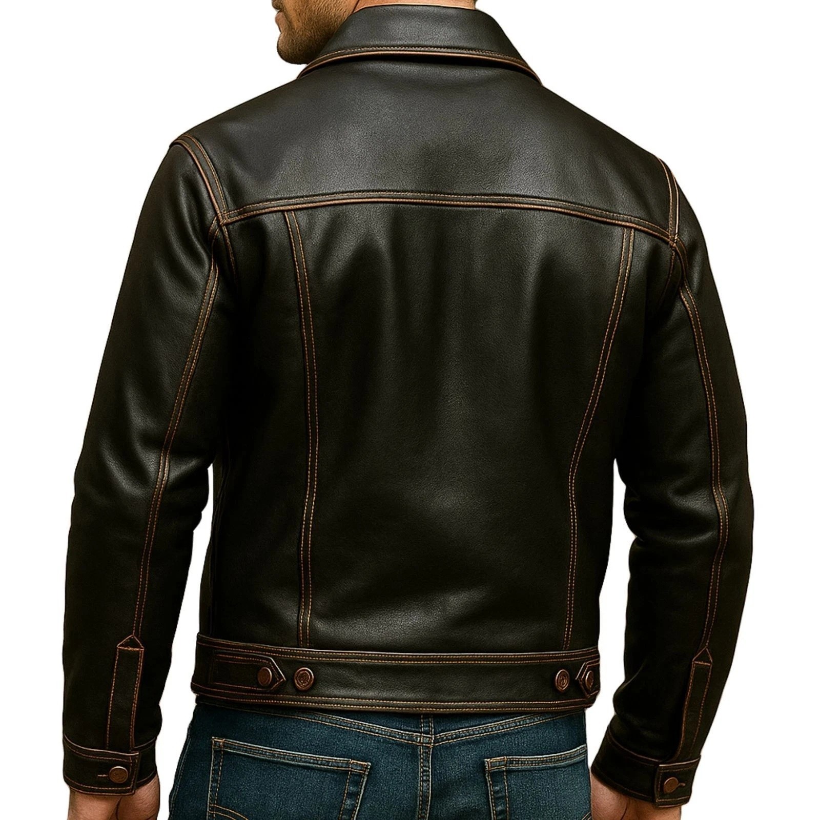Men’s Genuine Leather Western Trucker Jacket Black Button Front Coat