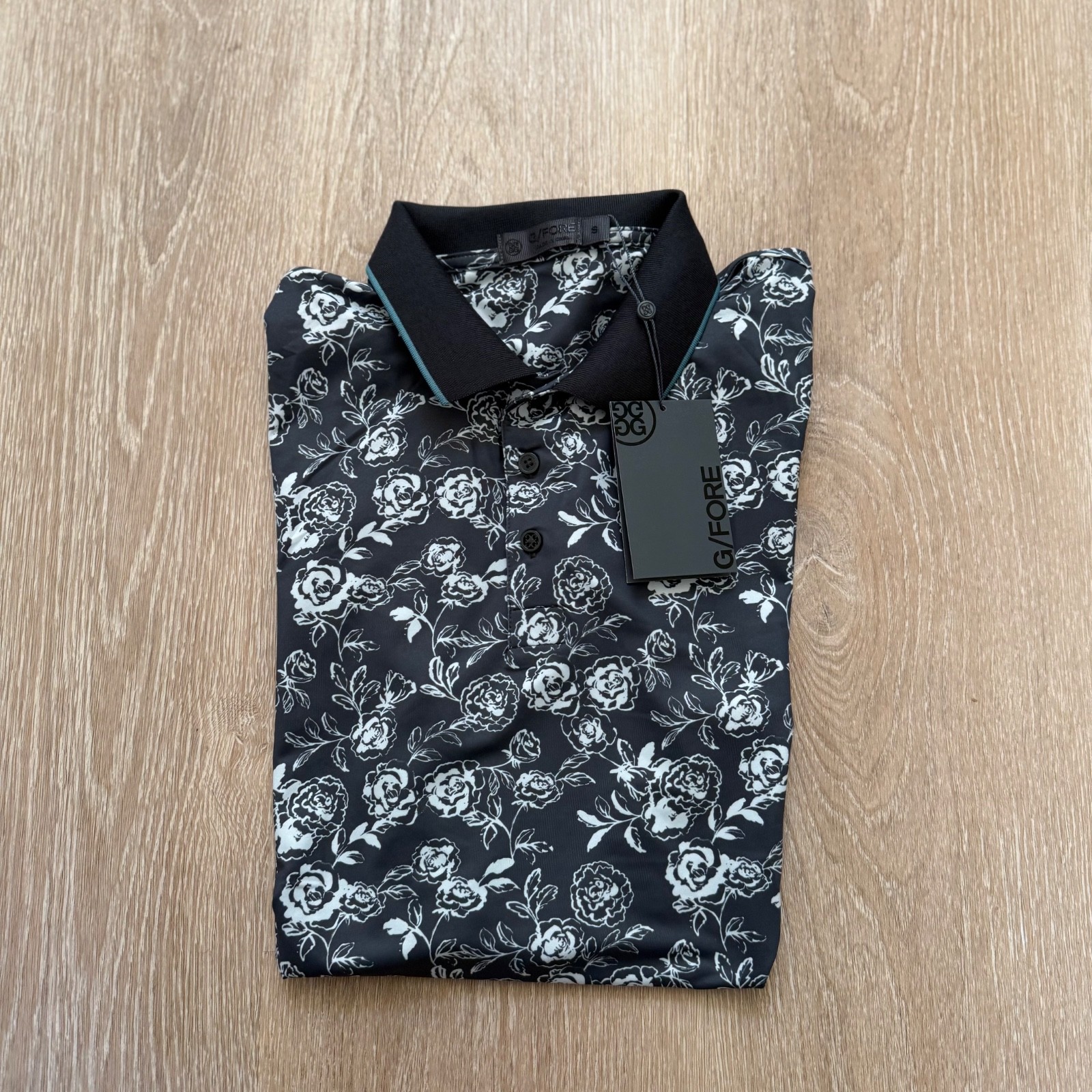 G/Fore Men’s “Lead” Floral Peony Sketch Banded Sleeve Tech Jersey Golf Polo NWT