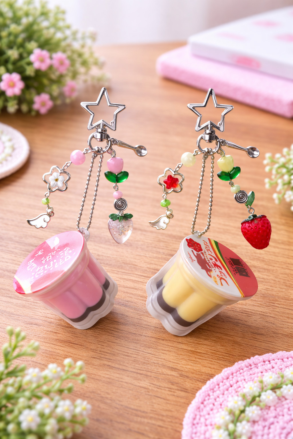 Cute Yogurt Cup Charm Keychain – Kawaii Strawberry Bead Bag Charm
