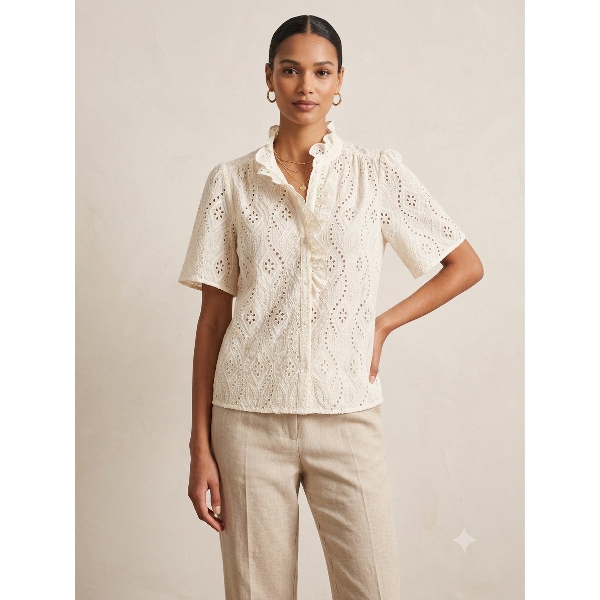 Sezane Chemise Dalhia Ecru Eyelet Ruffle Collar Blouse US 8 FR 40