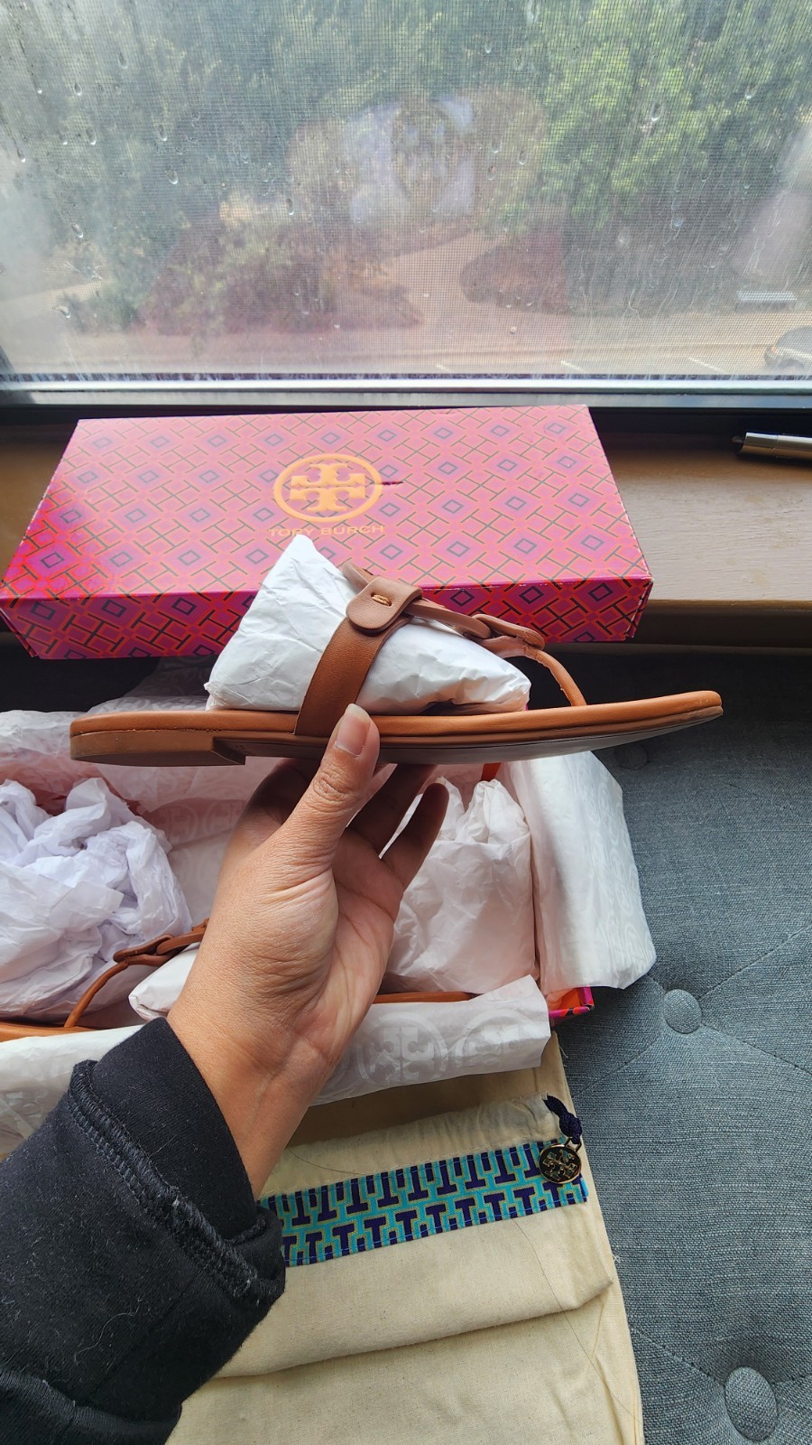 Tory Burch Miller Women’s Leather Thong Slip-On Sandals Brown Logo US 5