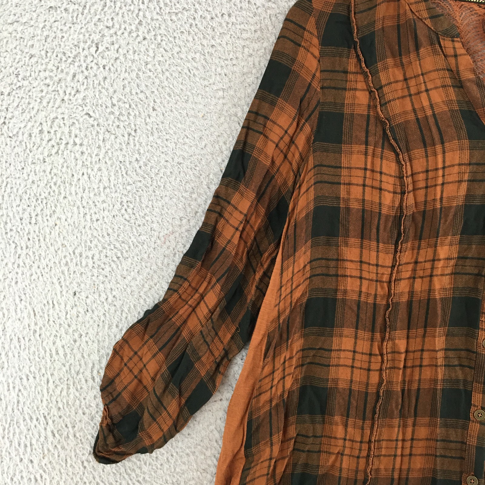 Knox Rose Plaid Button Up Shirt Womens M Lace Hi-Low Back Roll Tab Sleeve Brown